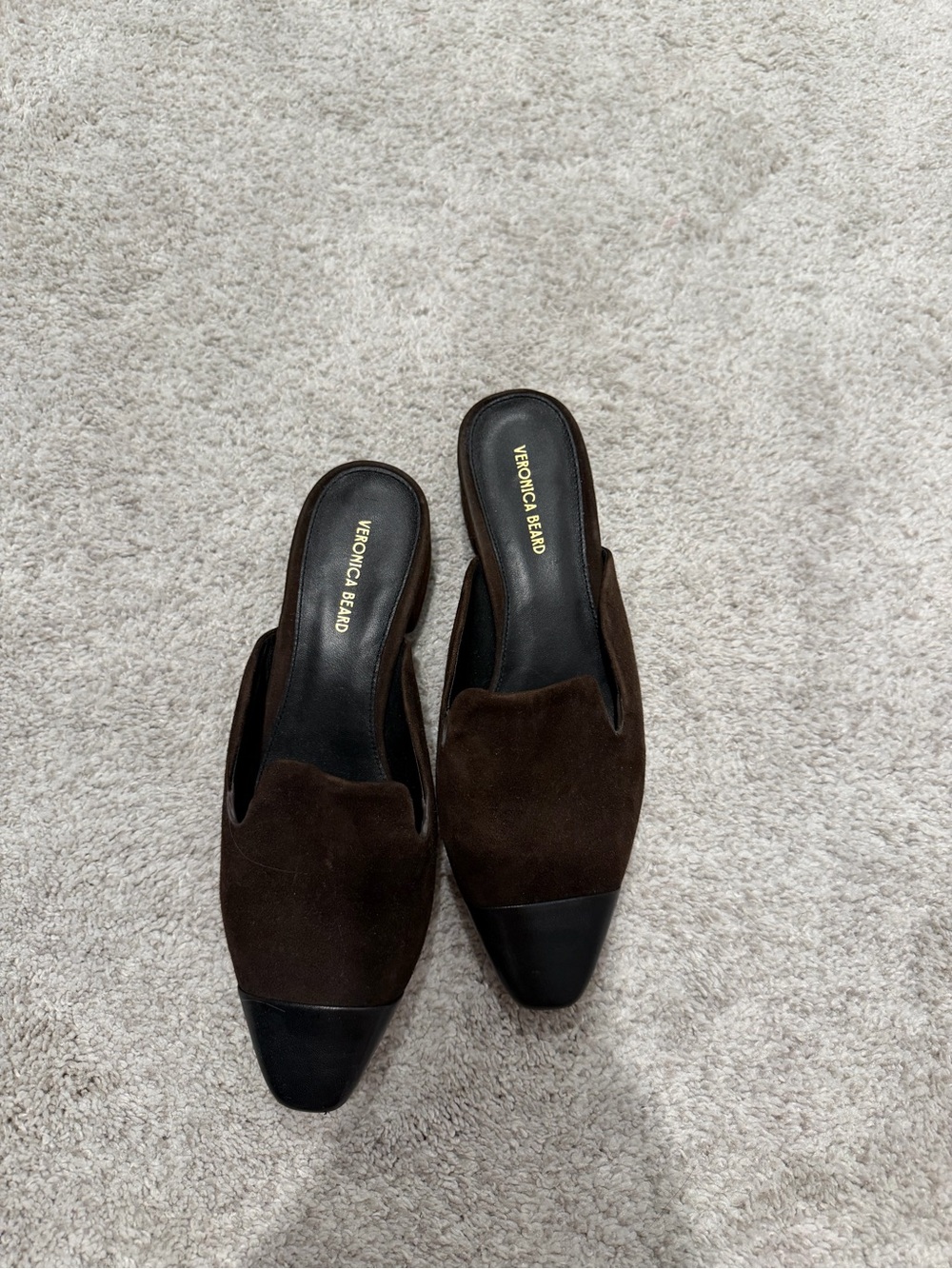 Veronica Beard Dark Brown Suede Slide Loafers with Black Toe Cap